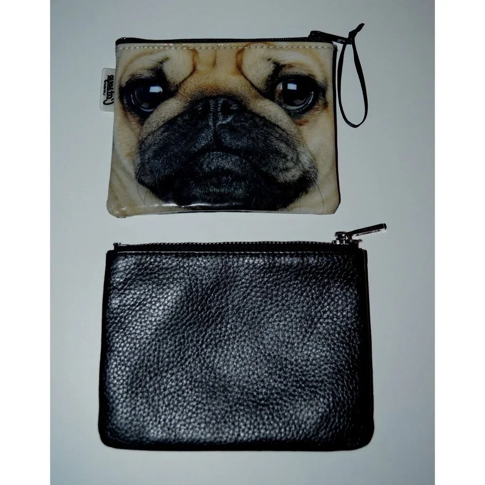 Lot of 2 CATSEYE London PUG Puppy Dog & Black FurArt Zippered Makeup Pouch Bag